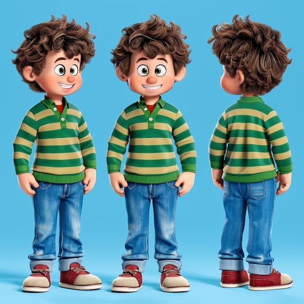 Photo three lego figurines of a boy with a green striped sweater