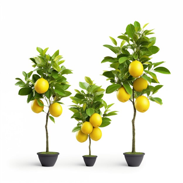 Photo three lemon trees in pots with bright yellow fruits and green leaves