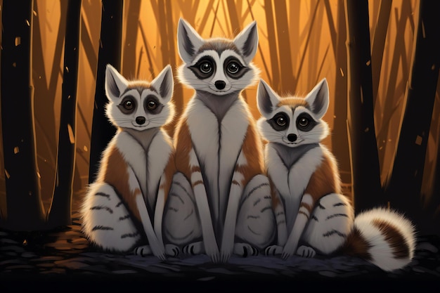 Three lemurs sitting in the forest