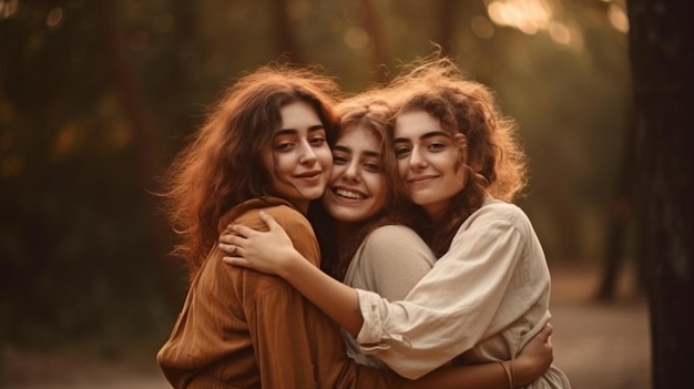 Three lesbians cuddling in a park the idea of freedom in love and Generative AI