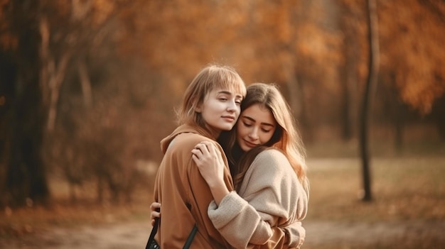 Three lesbians cuddling in a park the idea of freedom in love and Generative AI