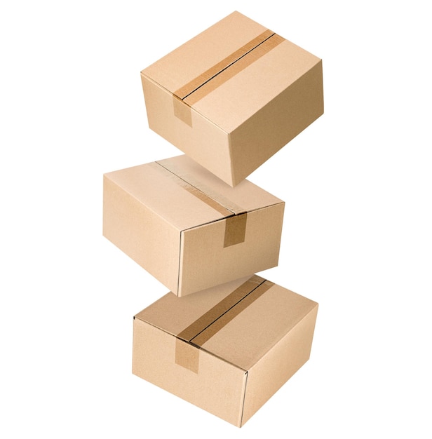 Three levitating closed cardboard boxes from different angles on an isolated white background