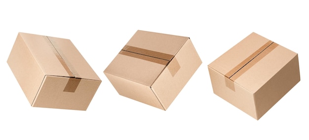 Three levitating closed cardboard boxes from different angles on an isolated white background