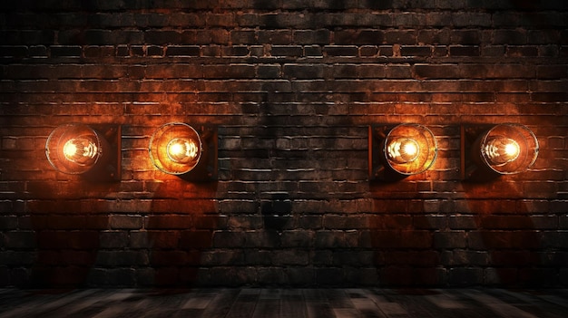 Three light bulbs are lit up on a brick wall generative ai