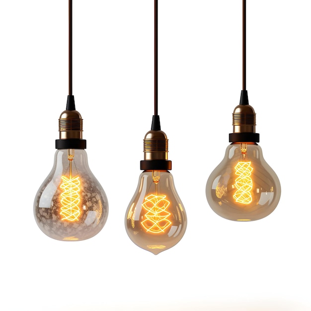 three light bulbs with a gold colored bulb hanging from a wire