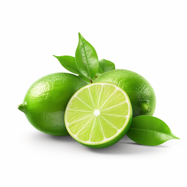 Three limes with green leaves and one half of the other with one being cut in half.