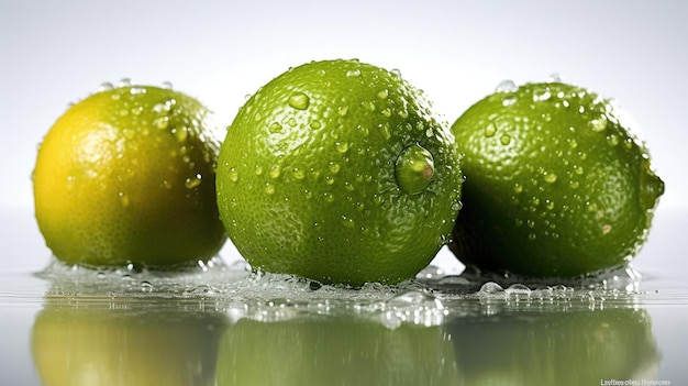 Three limes with water droplets on them sit on a table.