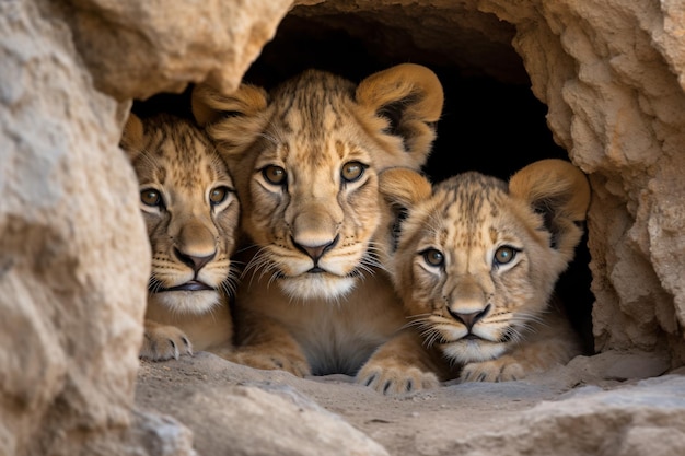 three lions are sitting in a cave