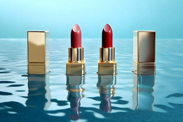 Three lipsticks are in the water and one is red.