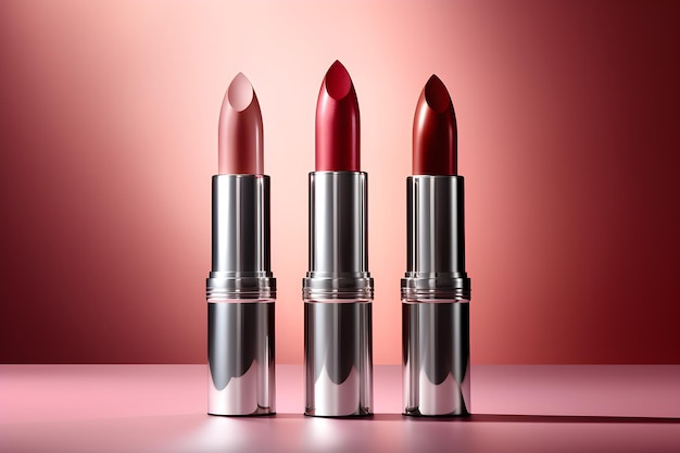 Three lipsticks in a row with pink background