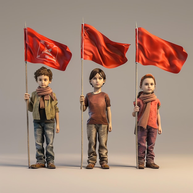 three little boys holding red flags with one that says  the red flag