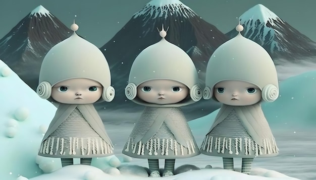 Three little dolls are standing in a snowy landscape.