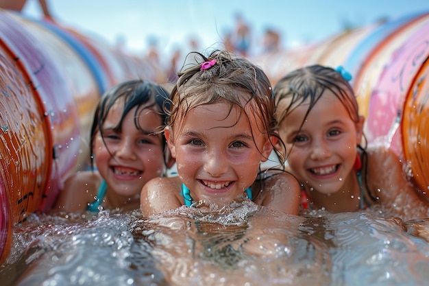 Three little girls playing on the water slide