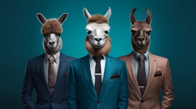 Three llamas wearing suits and a suit with one wearing a suit and a tie.