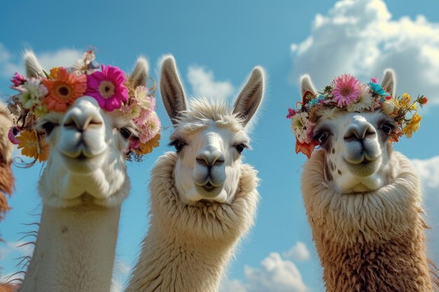 three llamas with flowers on their heads Llamas posing with flower crowns