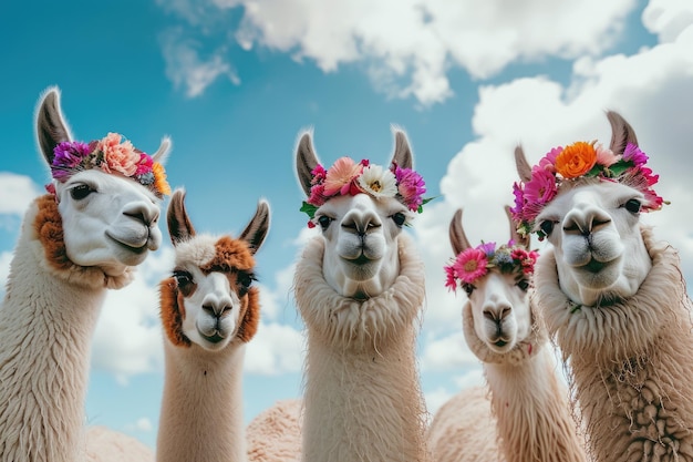 three llamas with flowers on their heads Llamas posing with flower crowns