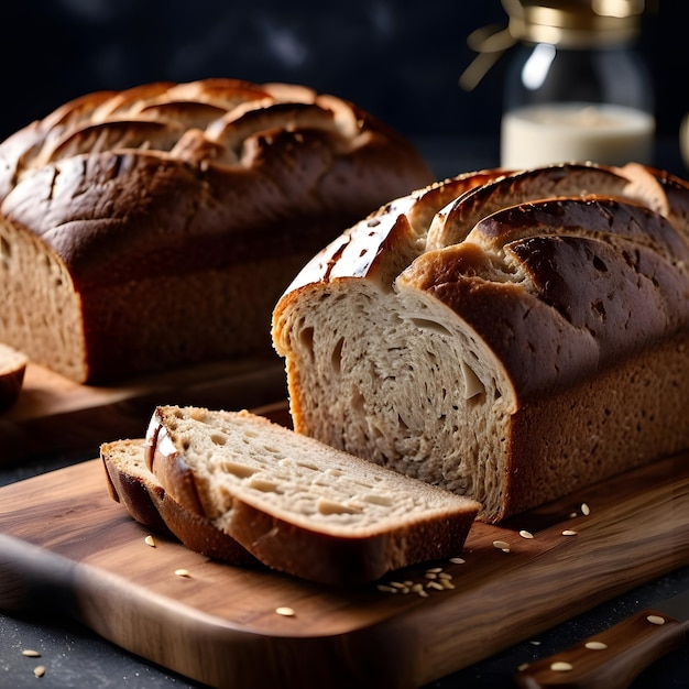 three loafs of bread are on a wooden cutting board