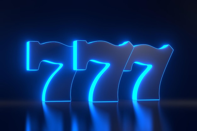 Three lucky sevens with neon blue lights on black background Casino symbol 3D render illustration