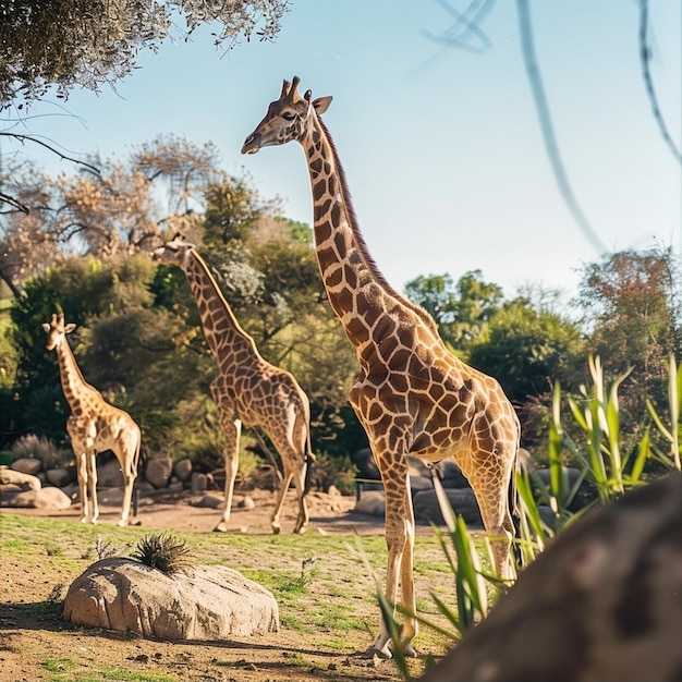 Three majestic giraffes roam freely in an open lot showcasing their unique beauty