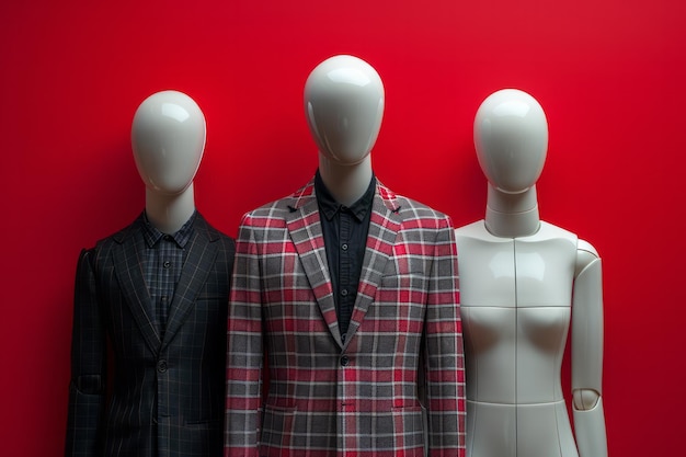 Photo three mannequins of different sizes arranged in a line on a solid red backdrop