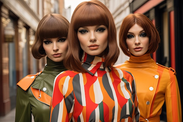 Three mannequins dressed in colorful clothing on a city street