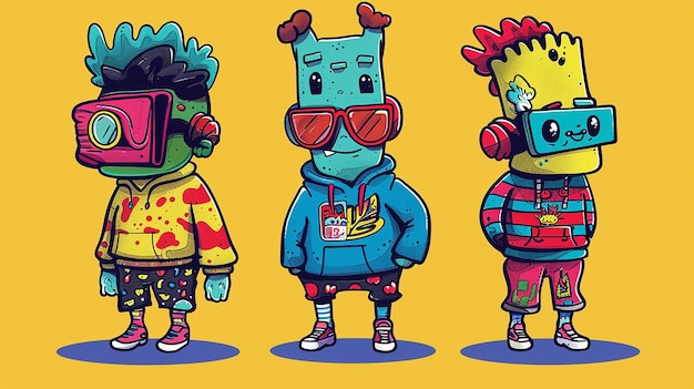 Photo three mascot cartoon characters wearing funky clothing in solid color background