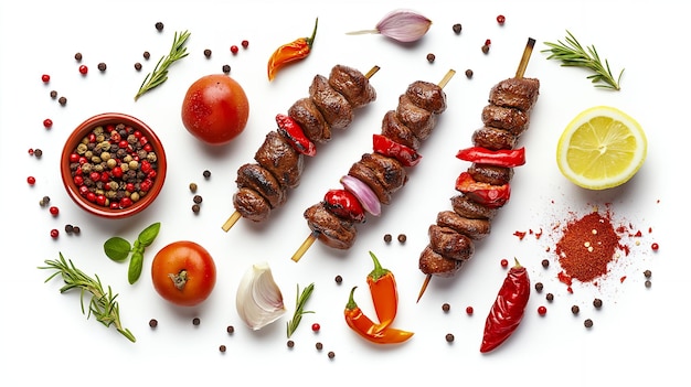 Photo three meat skewers with peppers and onions garlic lemon red pepper flakes and peppercorns on a white background