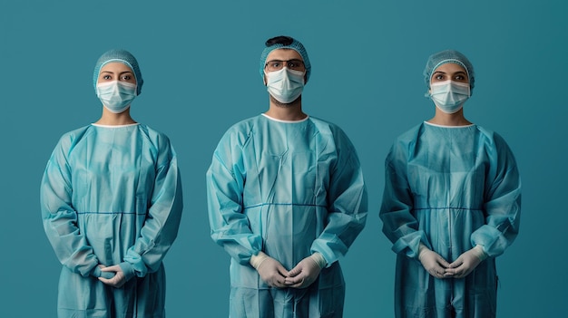 Photo three medical professionals in scrubs and masks