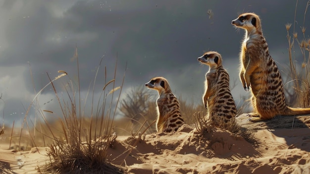 Three Meerkat on a Sand Dune