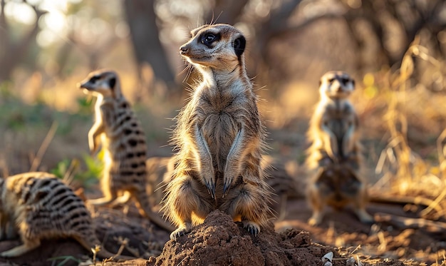 three meerkats are sitting in the dirt with their necks crossed