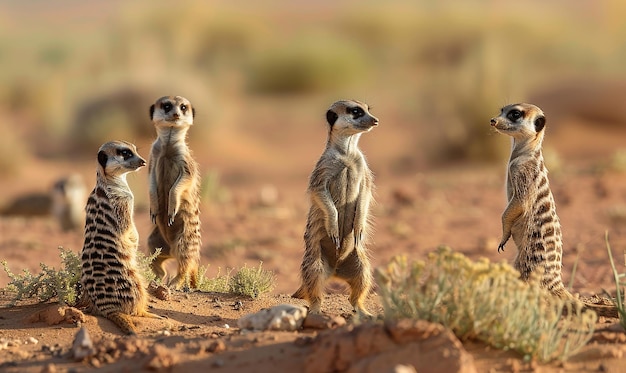 three meerkats are standing in a line with their heads pointing out to the right