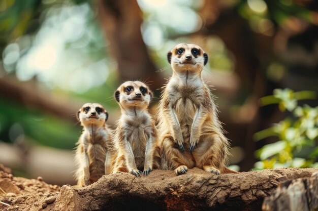 Photo three meerkats stand guard on the edge of their burrow alert and watchful in a sundappled forest a family of meerkats standing guard on their burrow