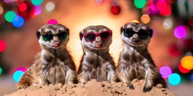 Photo three meerkats in sunglasses pose together on sandy mound with festive backdrop concept outdoor photoshoot animal photography meerkats sunglasses festive background