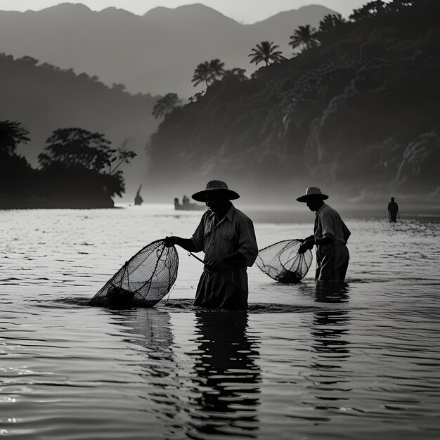 three men are fishing in the water with a mountain in the background