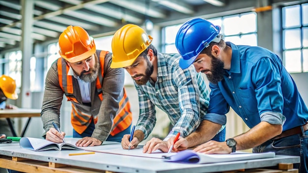 three men are looking at a table with blue helmets and orange helmets