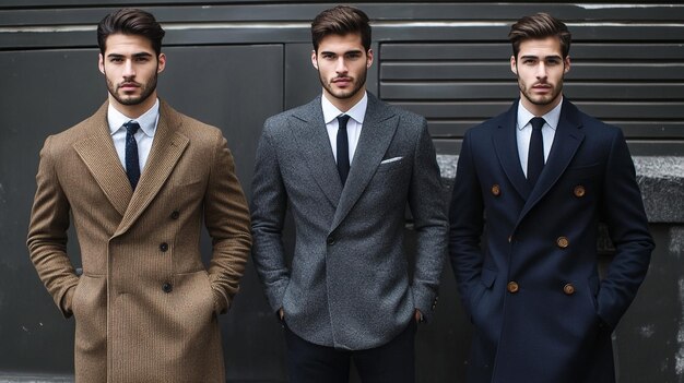 Photo three men are posing for a photo in front of a door