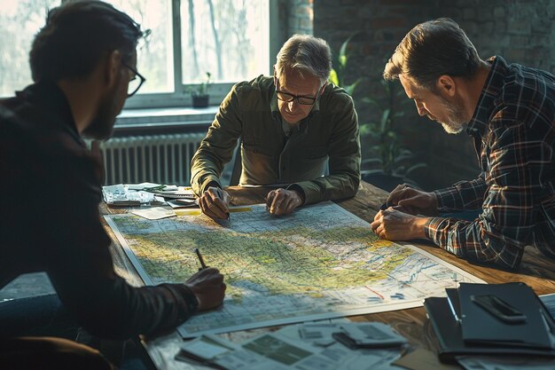 three men are sitting at a table with a map and a map on it