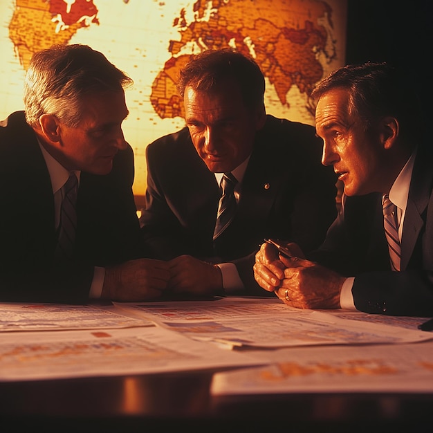 Photo three men are sitting at a table with a map of the world on it