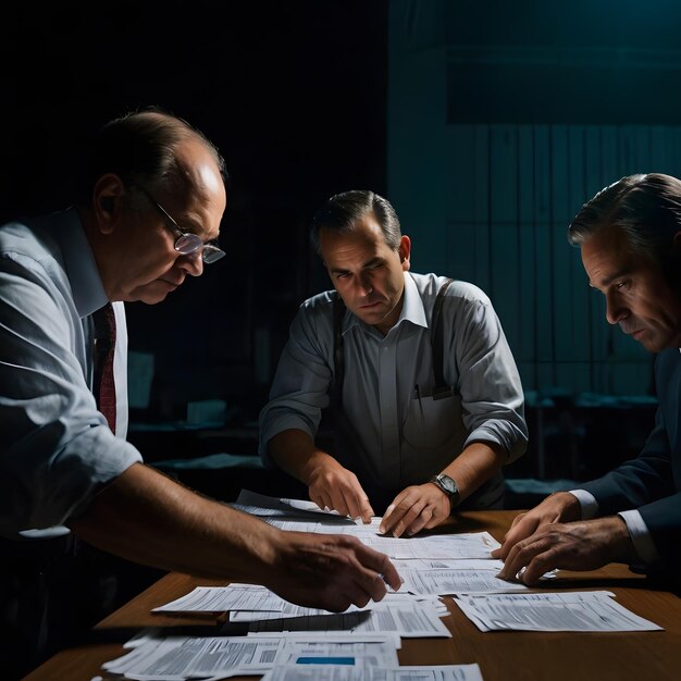 Photo three men are sitting at a table with papers and one of them reads business