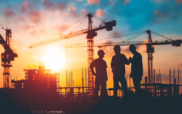 three men are standing in front of a construction site and one has a blue sky and the other with the word  on it