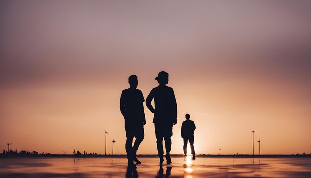 three men are standing in a water with the sun behind them