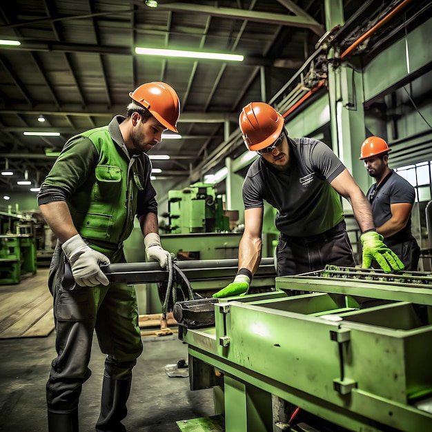 three men are working in a factory one of which is wearing a green vest