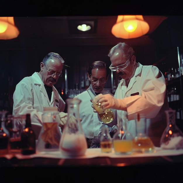 three men are working in a lab with a bottle of alcohol