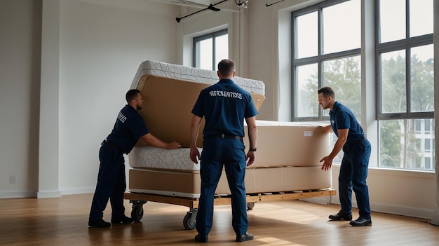 Three men in blue shirts move a mattress on a dolly