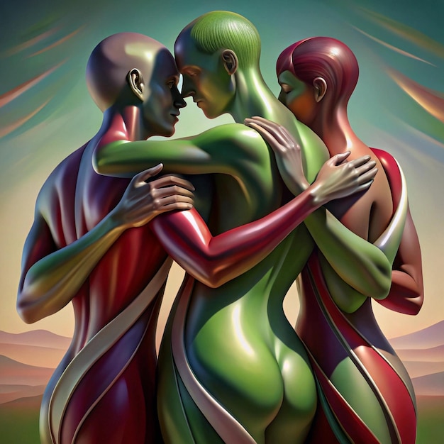 three men embrace and hug in front of a colorful background