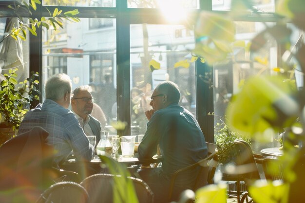 Photo three men engaged in a lively conversation over drinks bathed in golden sunlight streaming through the cafes large windows