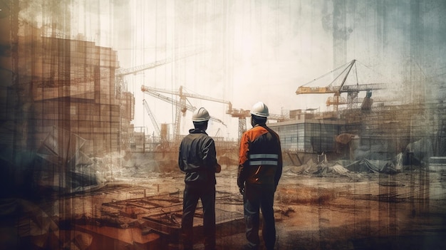 Three men in hard hats stand in front of a building with the words'construction'on itgenerative ai