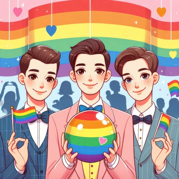 Photo three men holding a rainbow with the words quot the rainbow quot on the bottom