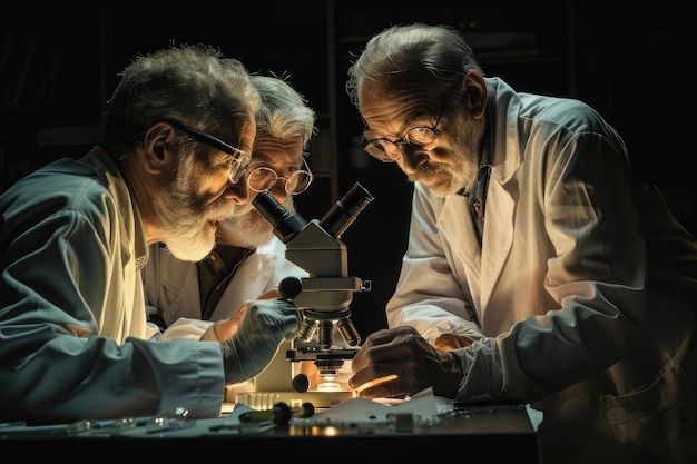 Photo three men in lab coats looking under microscope in laboratory