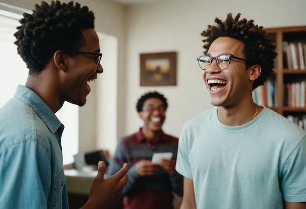 three men laughing and laughing one of them has a card in his mouth